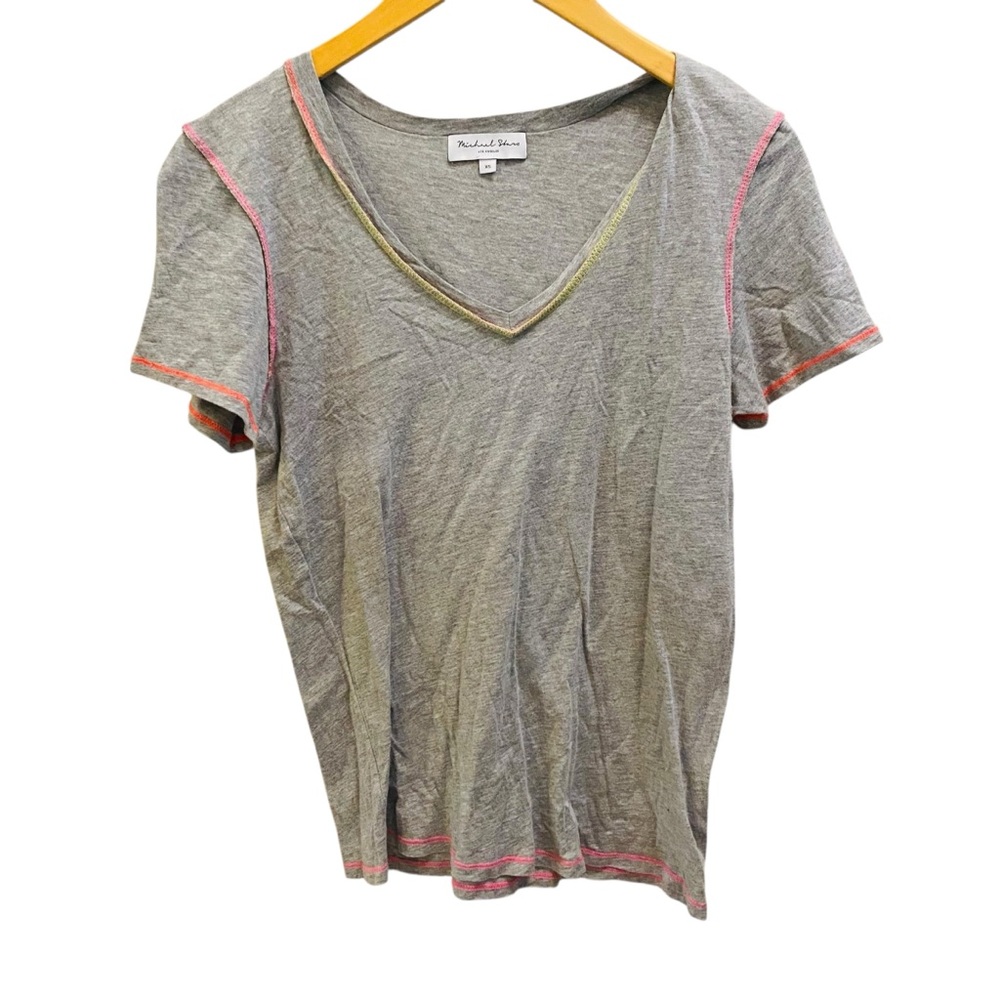 MICHAEL STARS Grey V Neck Pastel Thread Hem Tee